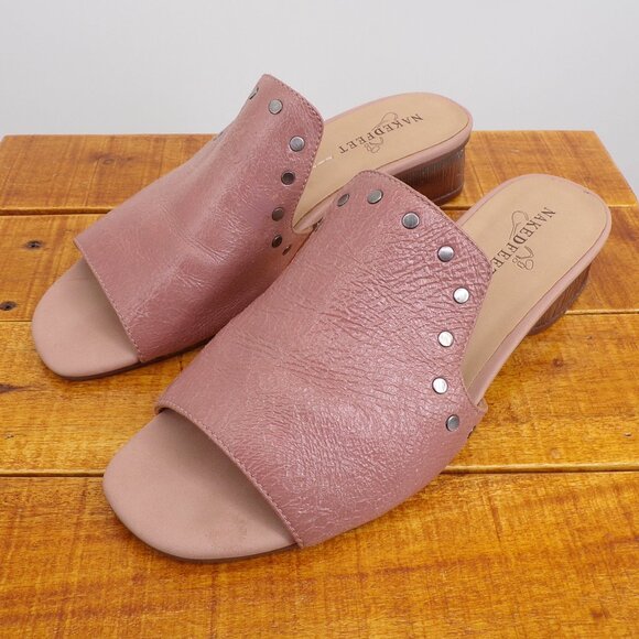 Naked Feet Mule Heeled Sandals Size 8.5 Leather Dusty Rose Metallic Heel - Picture 1 of 11